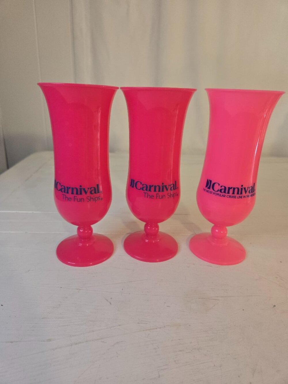 3 Carnival Cruise “The Fun Ships” Cocktail Plastic Glasses 2 Hot Pink 1 Pink